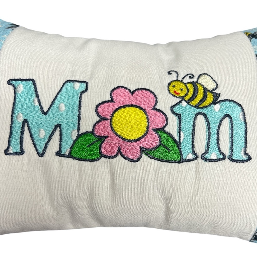 Hand Crafted Embroidered Mom Accent Pillow Blue and White with Bees and Flowers - Picture 10 of 12